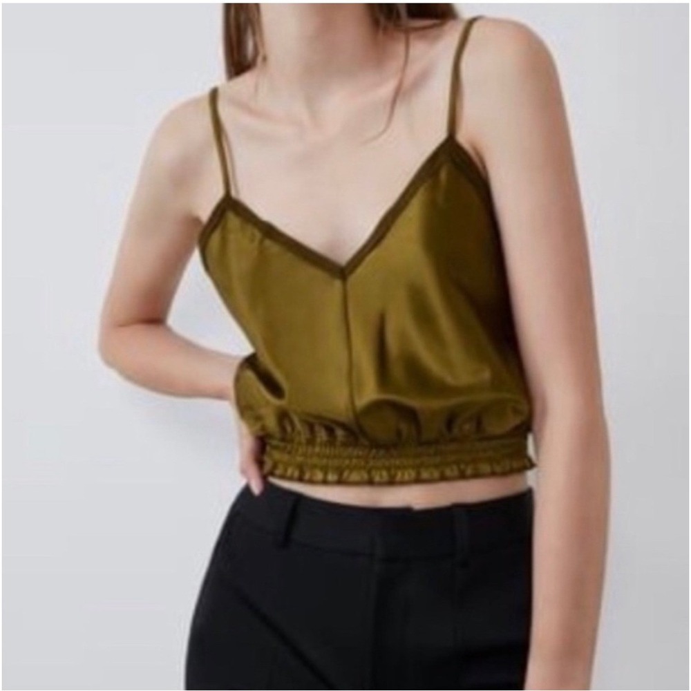 Zara Olive Green Cropped Cami Top Smocked Waist Sleeveless Tank M - Picture 2 of 6